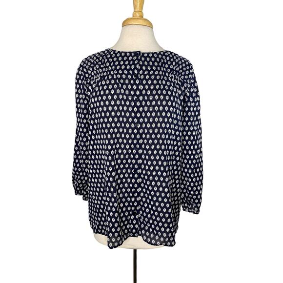 TALBOTS Blue White Geometric Embroidered Woven Cotton Button Up Blouse Medium - Picture 1 of 10